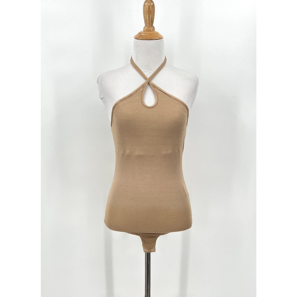 ENZA COSTA Halter Bodysuit Women Medium Tan Ribbed Silk Blend Keyhole Sleeveless - Picture 4 of 13